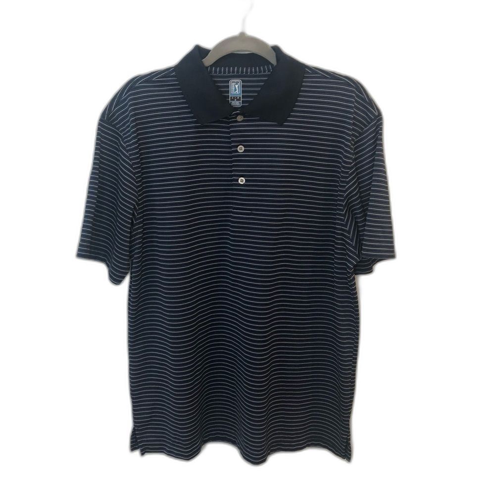 PGA Tour Men’s Short Sleeved Polo Golf Shirt Size Large; Blue With White Stripes